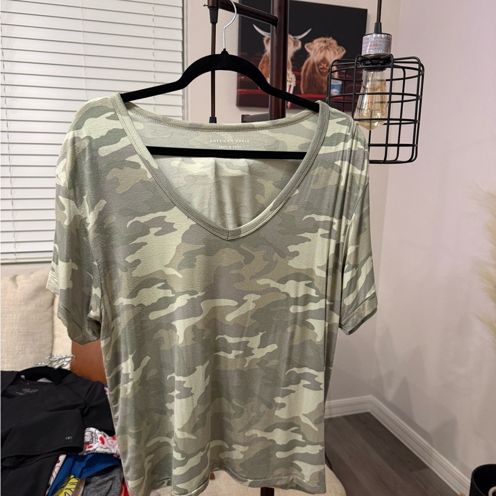 American Eagle Outfitters Green Camouflage V-Neck Tee